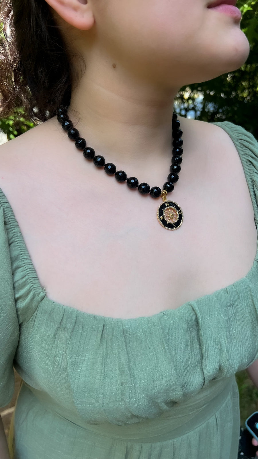 Black Onyx Necklace with Compass Pendant