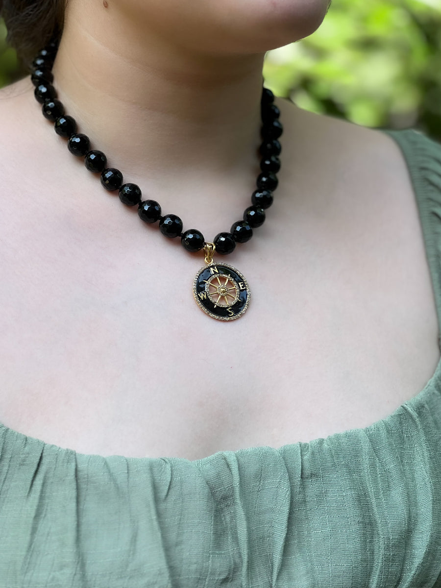 Black Onyx Necklace with Compass Pendant