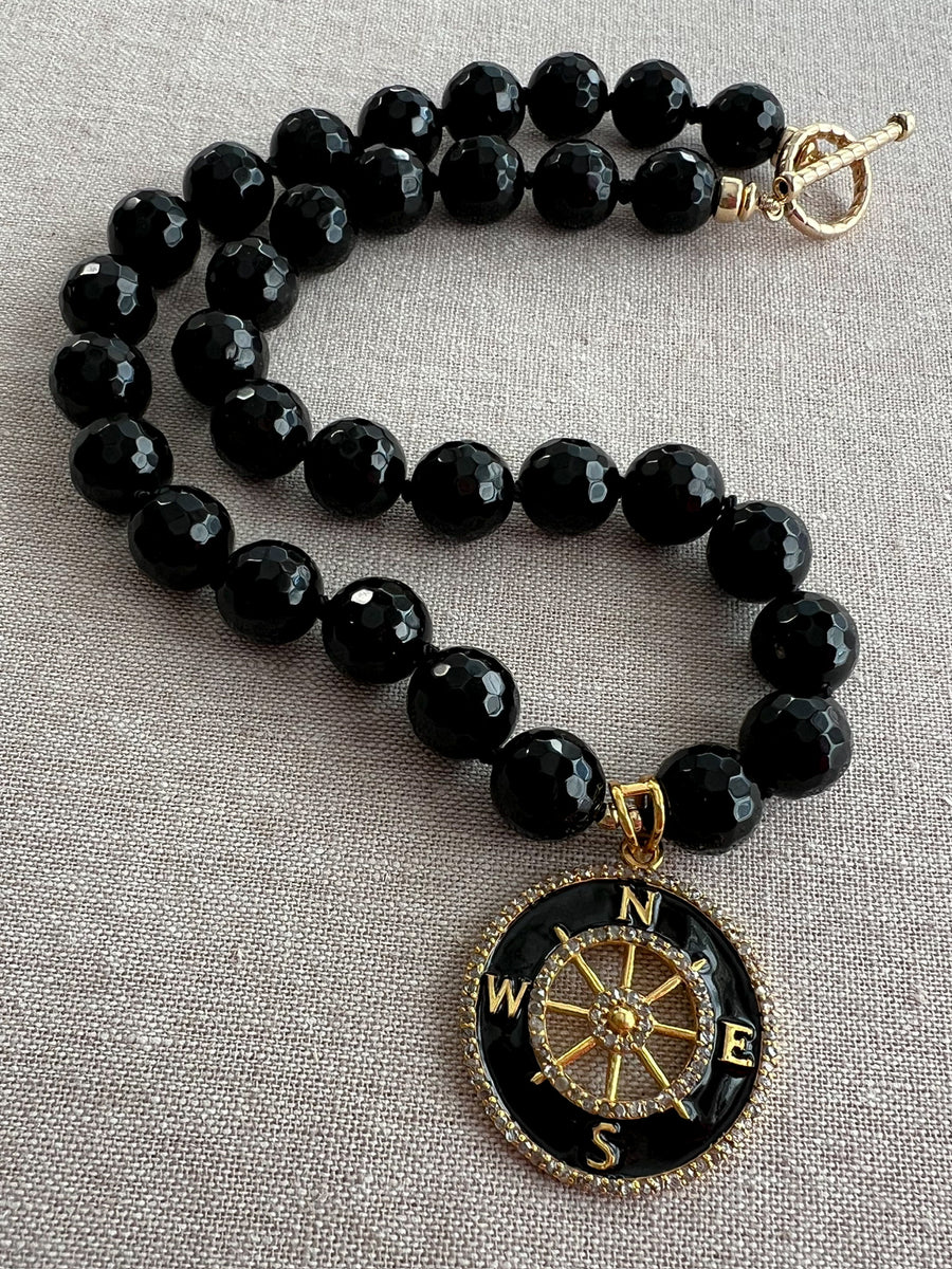 Black Onyx Necklace with Compass Pendant