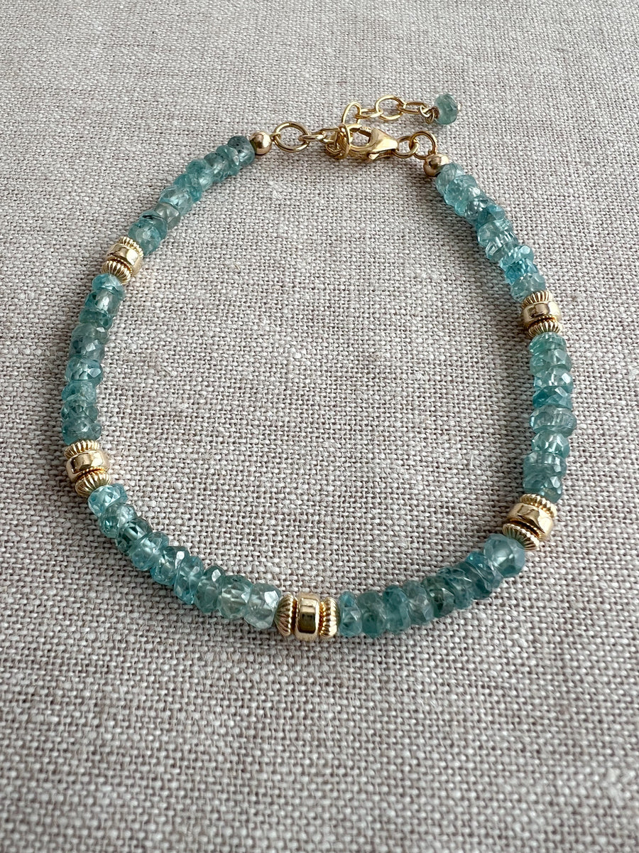 Blue Zircon Bracelet with Gold Accents, Boho Gemstone Jewelry