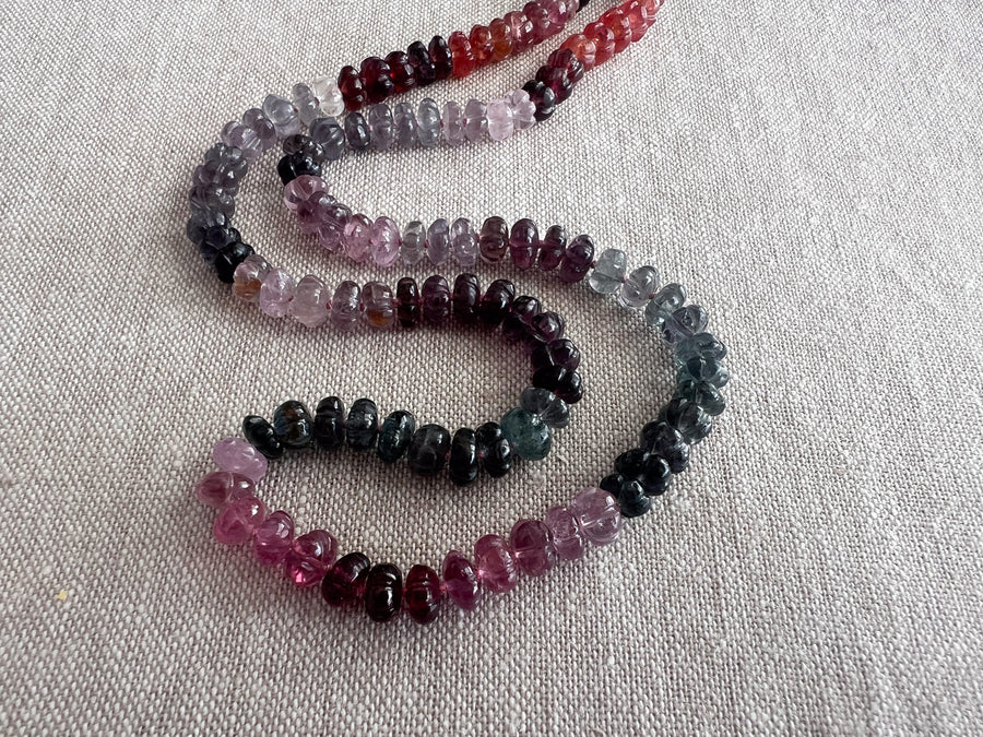 Carved Spinel Rondelle Necklace, Hand Knotted, Fine Gemstone Jewelry, Multi Color Spinel