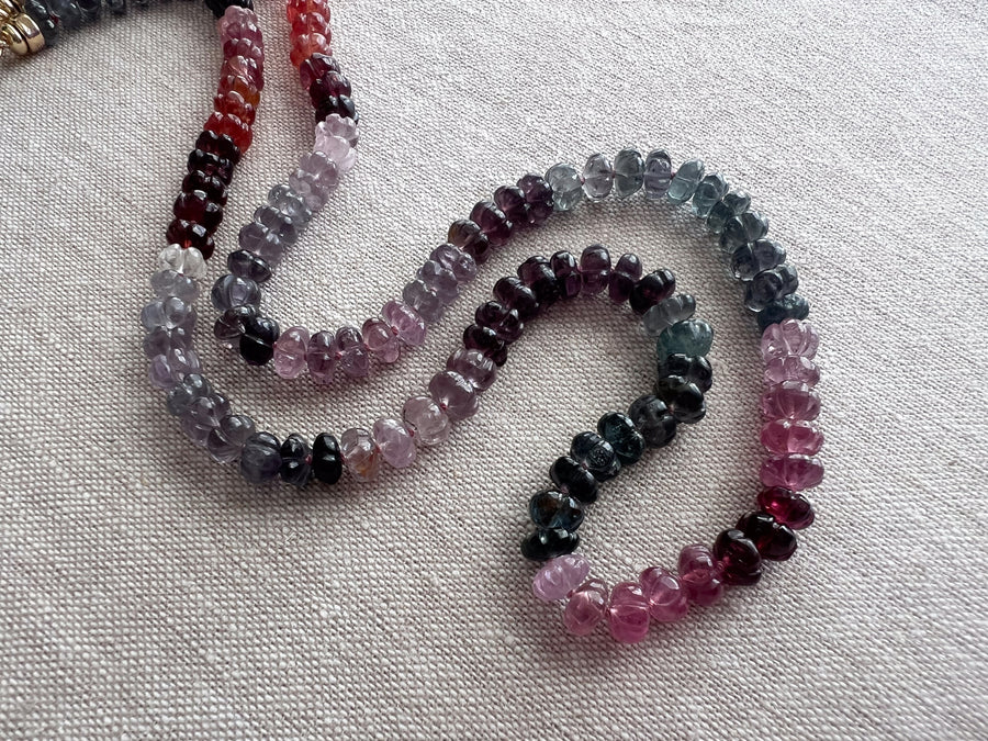 Carved Spinel Rondelle Necklace, Hand Knotted, Fine Gemstone Jewelry, Multi Color Spinel
