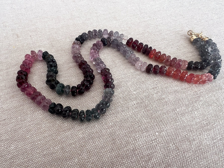 Carved Spinel Rondelle Necklace, Hand Knotted, Fine Gemstone Jewelry, Multi Color Spinel