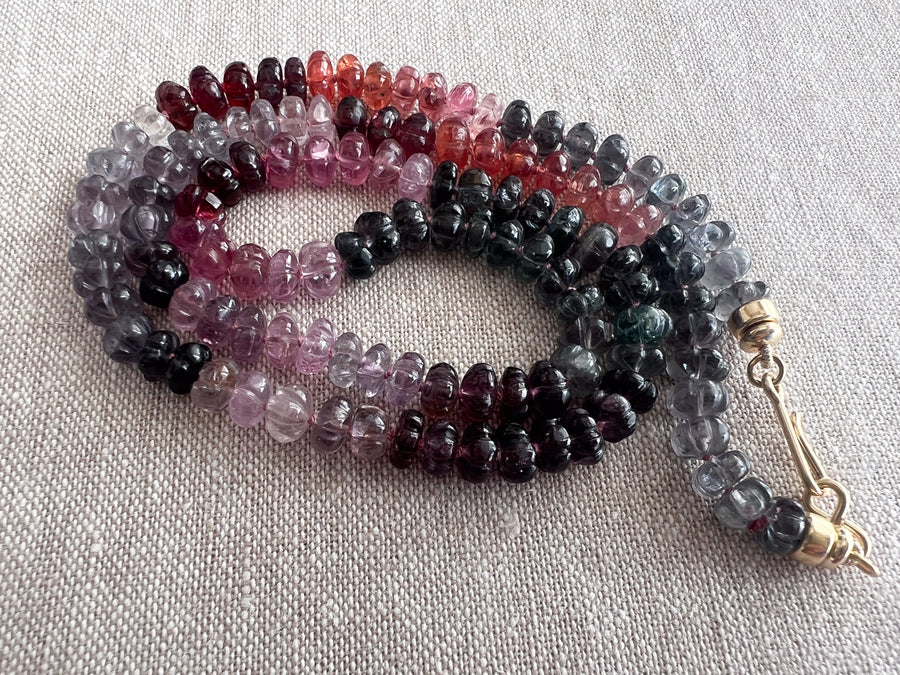 Carved Spinel Rondelle Necklace, Hand Knotted, Fine Gemstone Jewelry, Multi Color Spinel