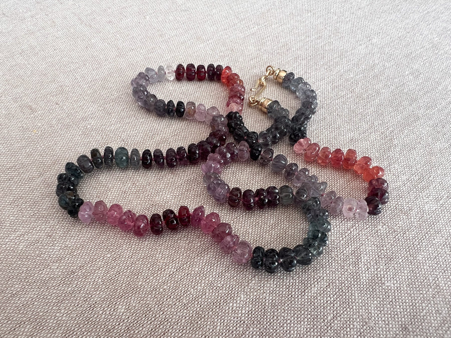 Carved Spinel Rondelle Necklace, Hand Knotted, Fine Gemstone Jewelry, Multi Color Spinel