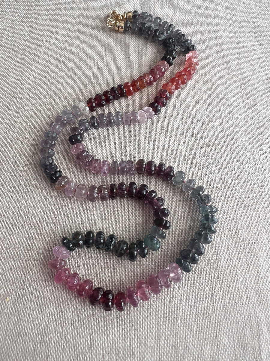 Carved Spinel Rondelle Necklace, Hand Knotted, Fine Gemstone Jewelry, Multi Color Spinel