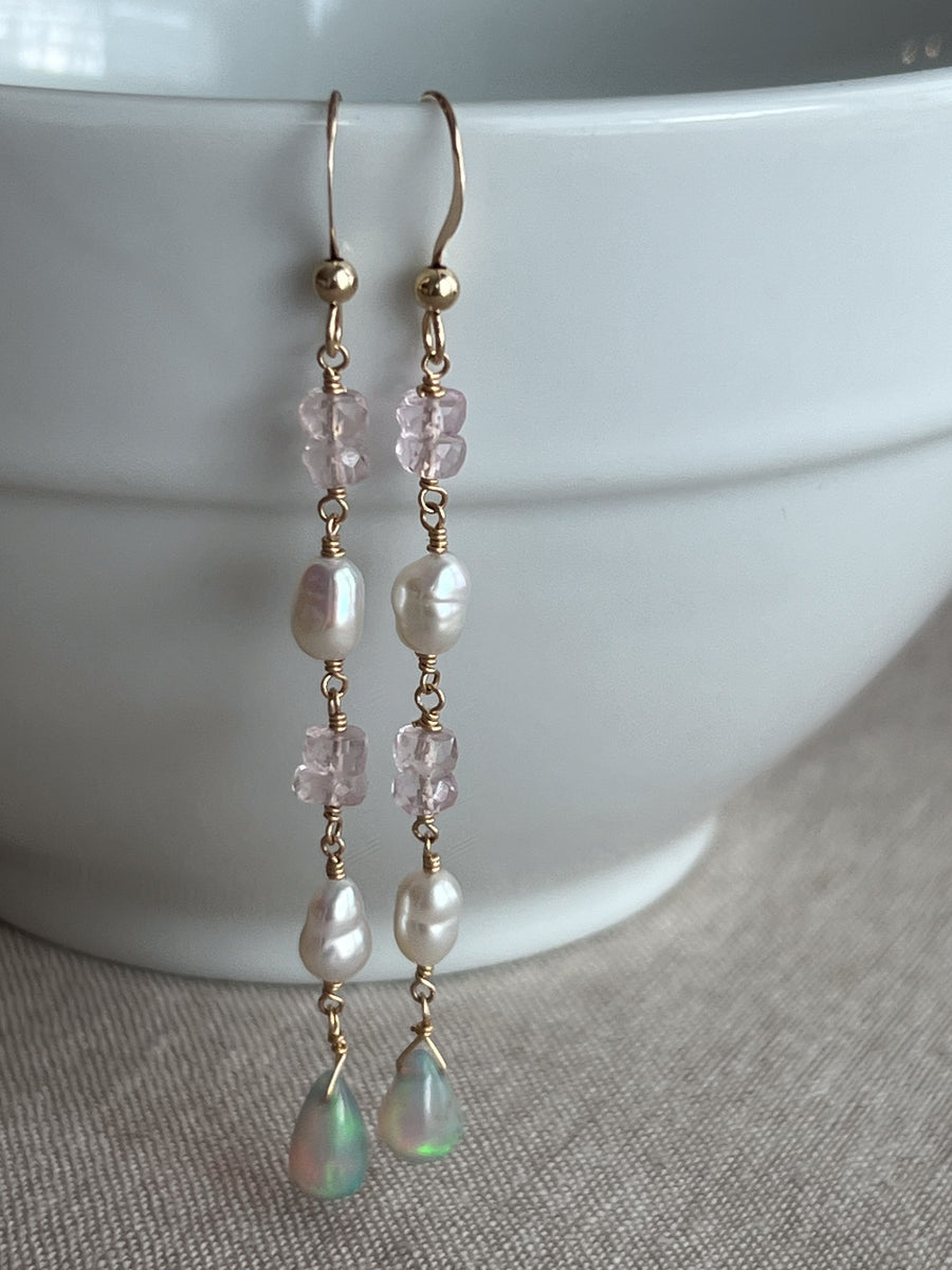 Siren Earrings with Morganite, Pearl and Opals