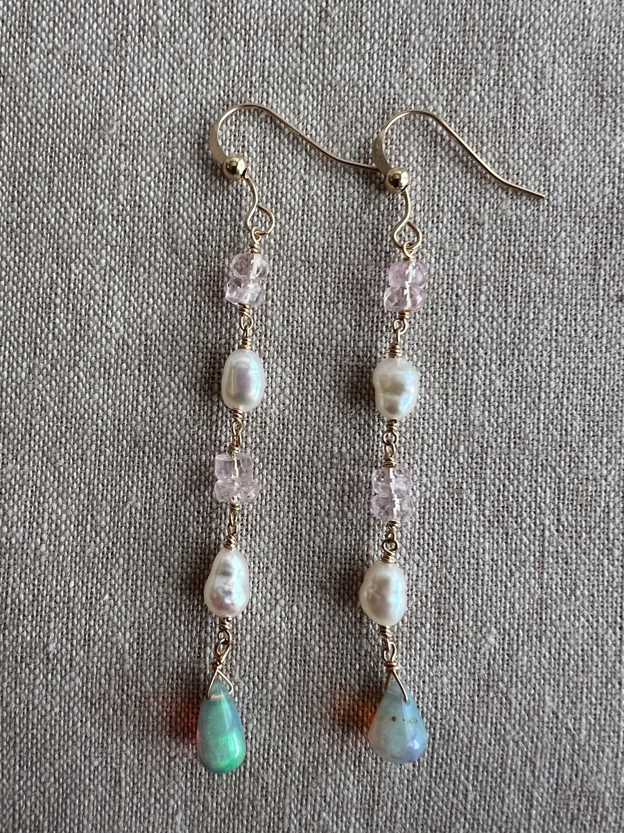 Siren Earrings with Morganite, Pearl and Opals