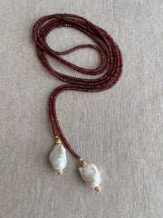 Garnet Lariat Necklace with Baroque Pearl Ends