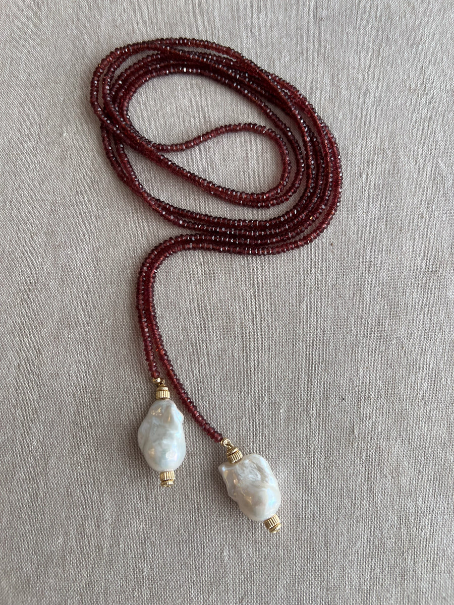 Garnet Lariat Necklace with Baroque Pearl Ends