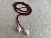 Garnet Lariat Necklace with Baroque Pearl Ends
