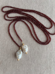 Garnet Lariat Necklace with Baroque Pearl Ends