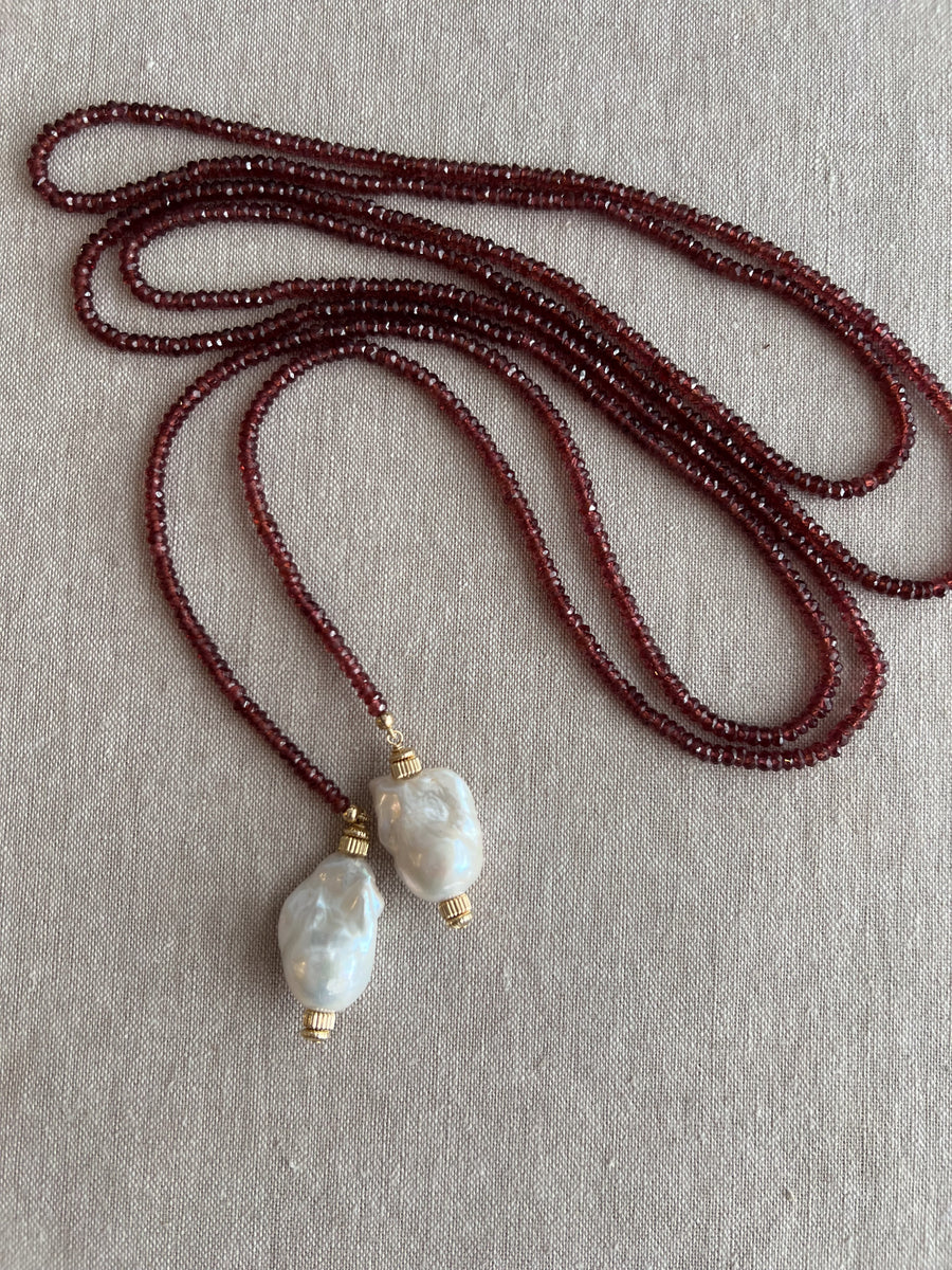 Garnet Lariat Necklace with Baroque Pearl Ends