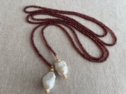 Garnet Lariat Necklace with Baroque Pearl Ends