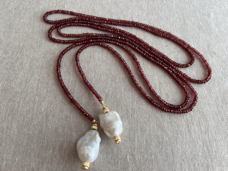 Garnet Lariat Necklace with Baroque Pearl Ends
