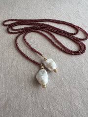 Garnet Lariat Necklace with Baroque Pearl Ends