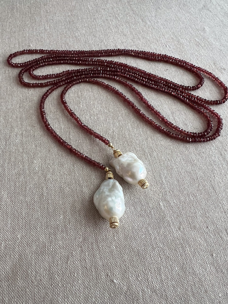 Garnet Lariat Necklace with Baroque Pearl Ends