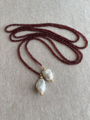 Garnet Lariat Necklace with Baroque Pearl Ends