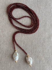 Garnet Lariat Necklace with Baroque Pearl Ends