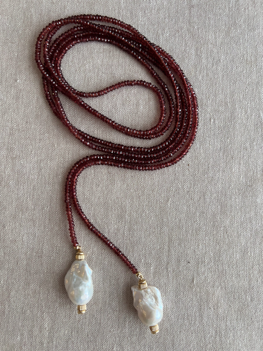 Garnet Lariat Necklace with Baroque Pearl Ends