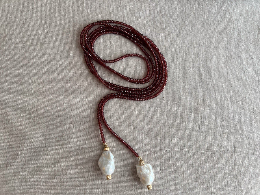 Garnet Lariat Necklace with Baroque Pearl Ends