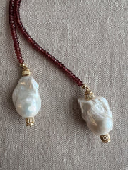Garnet Lariat Necklace with Baroque Pearl Ends