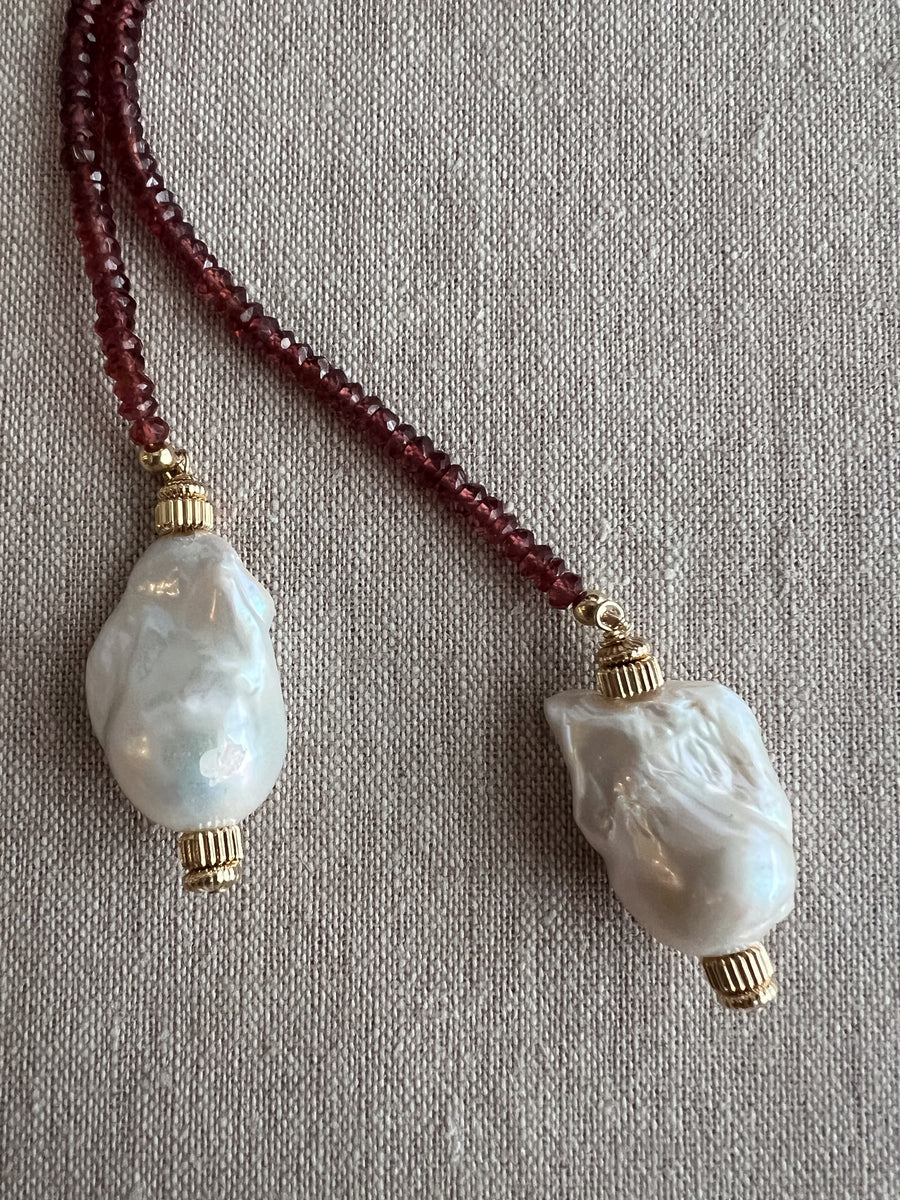 Garnet Lariat Necklace with Baroque Pearl Ends