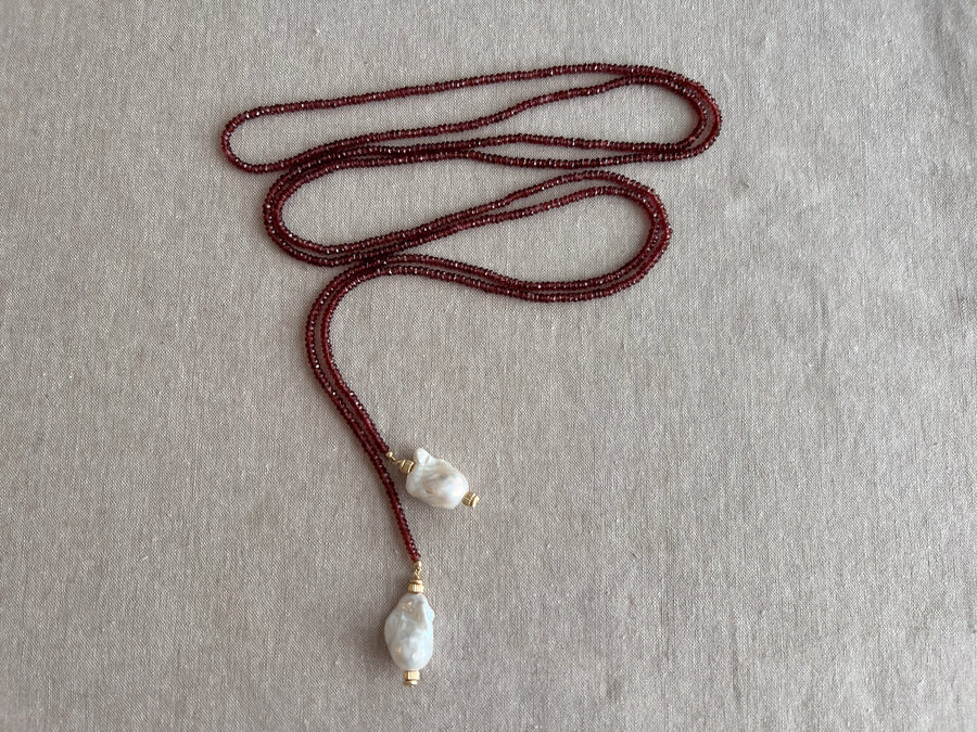 Garnet Lariat Necklace with Baroque Pearl Ends