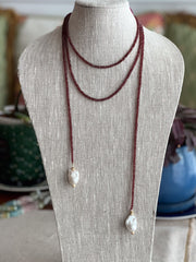 Garnet Lariat Necklace with Baroque Pearl Ends