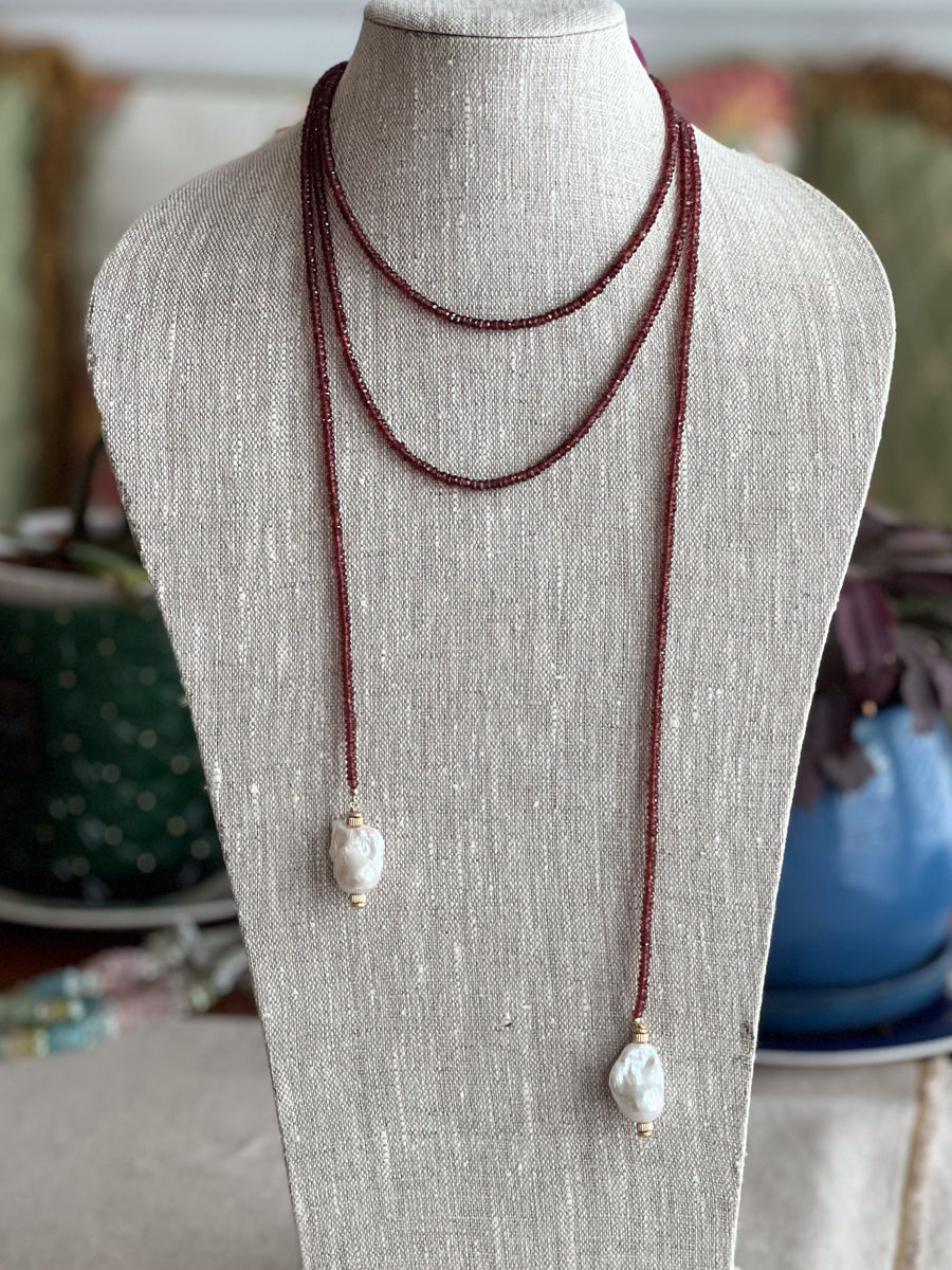 Garnet Lariat Necklace with Baroque Pearl Ends