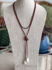 Garnet Lariat Necklace with Baroque Pearl Ends
