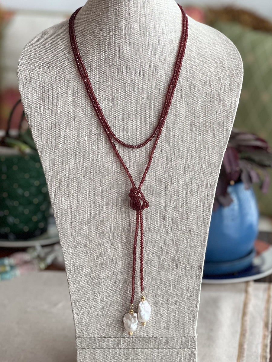 Garnet Lariat Necklace with Baroque Pearl Ends