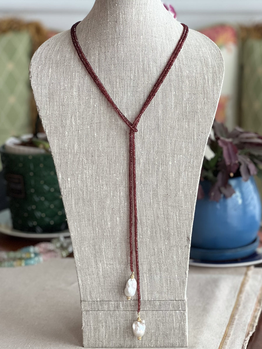 Garnet Lariat Necklace with Baroque Pearl Ends