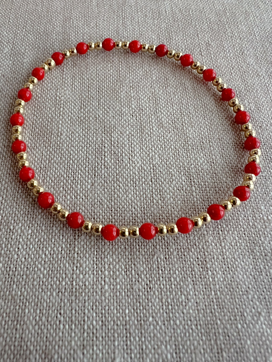 Gold Bead Bracelet with Red Coral Accents