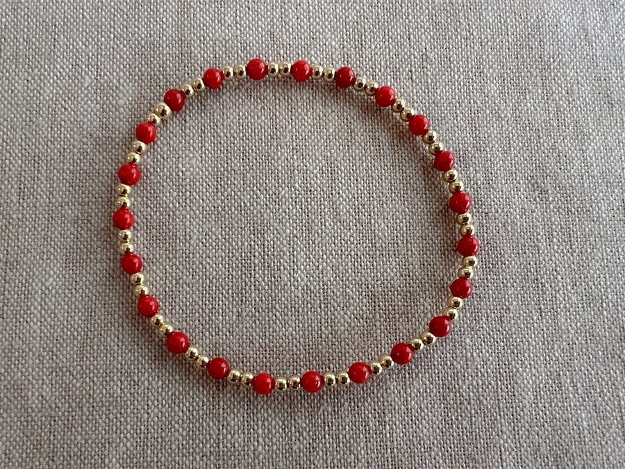 Gold Bead Bracelet with Red Coral Accents