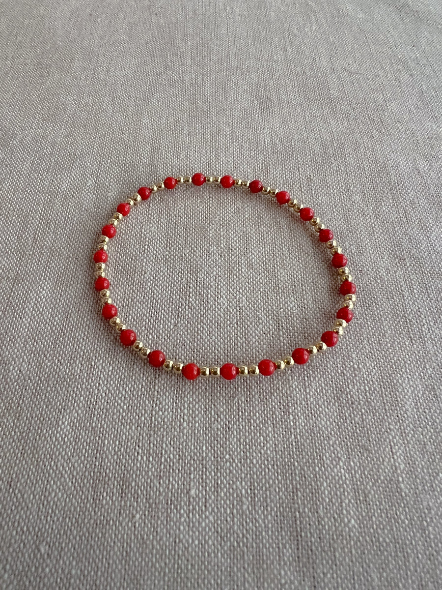 Gold Bead Bracelet with Red Coral Accents