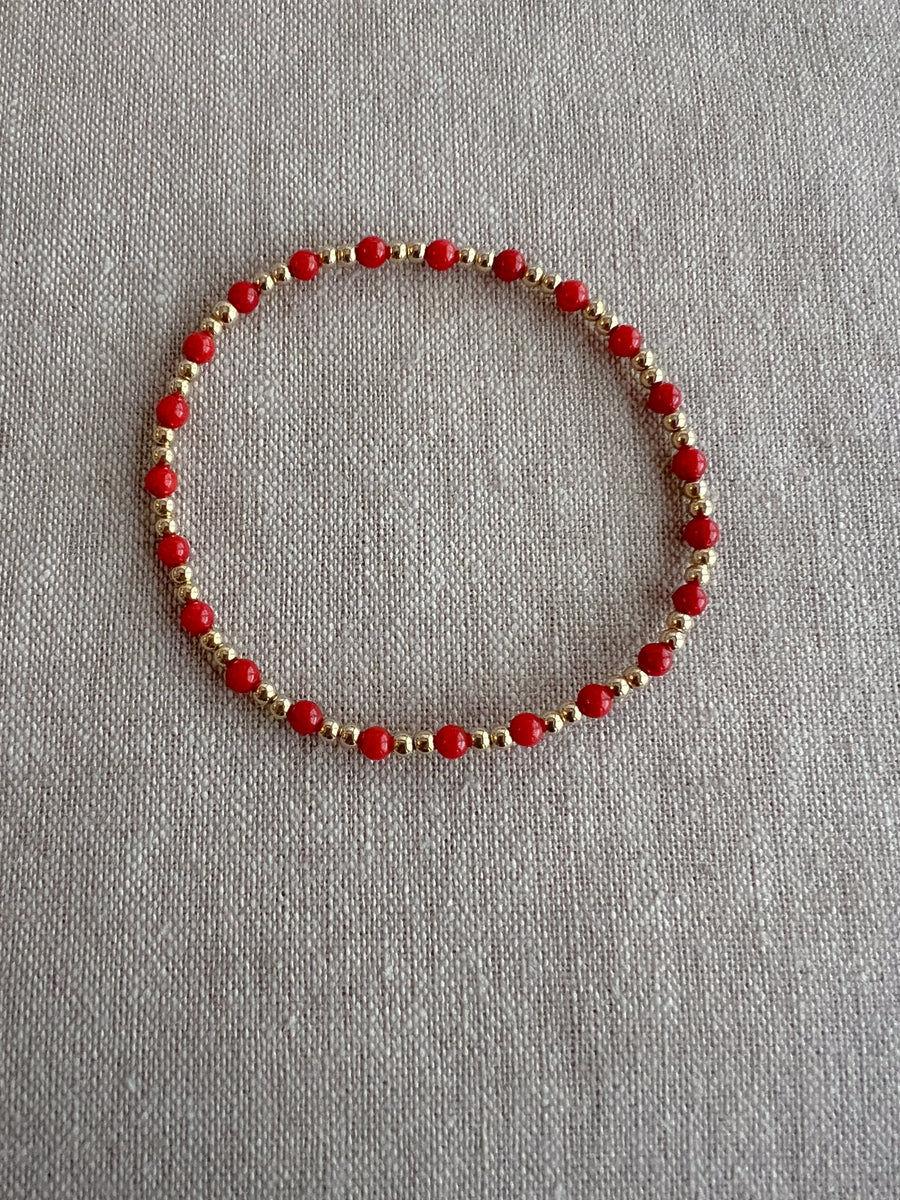 Gold Bead Bracelet with Red Coral Accents