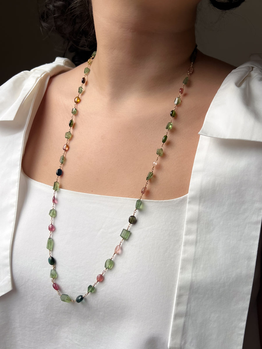 Multi-Color Tourmaline and Green Apatite AAA Grade Necklace, Wire Wrapped Boho Jewelry, 34"
