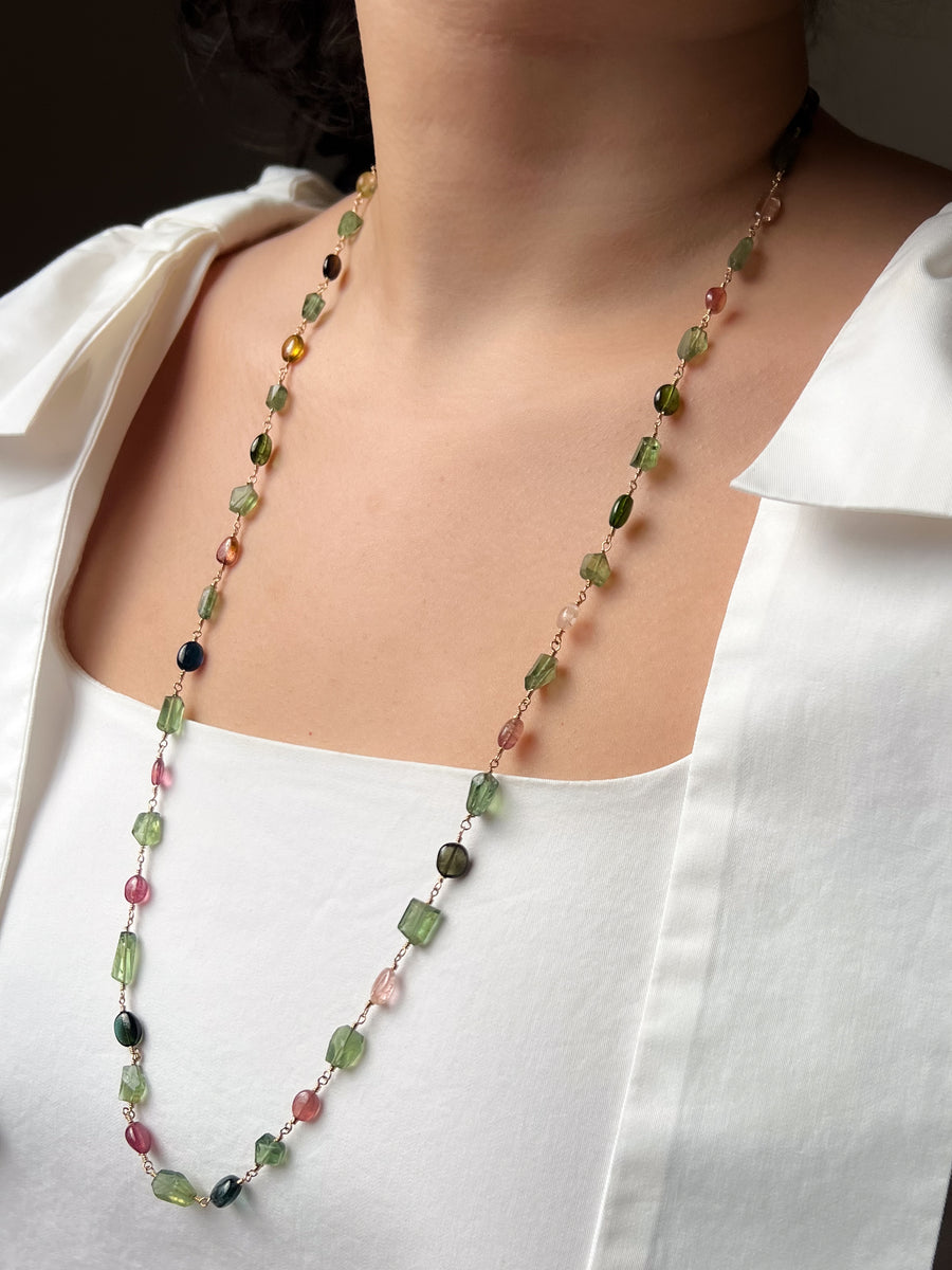 Multi-Color Tourmaline and Green Apatite AAA Grade Necklace, Wire Wrapped Boho Jewelry, 34"