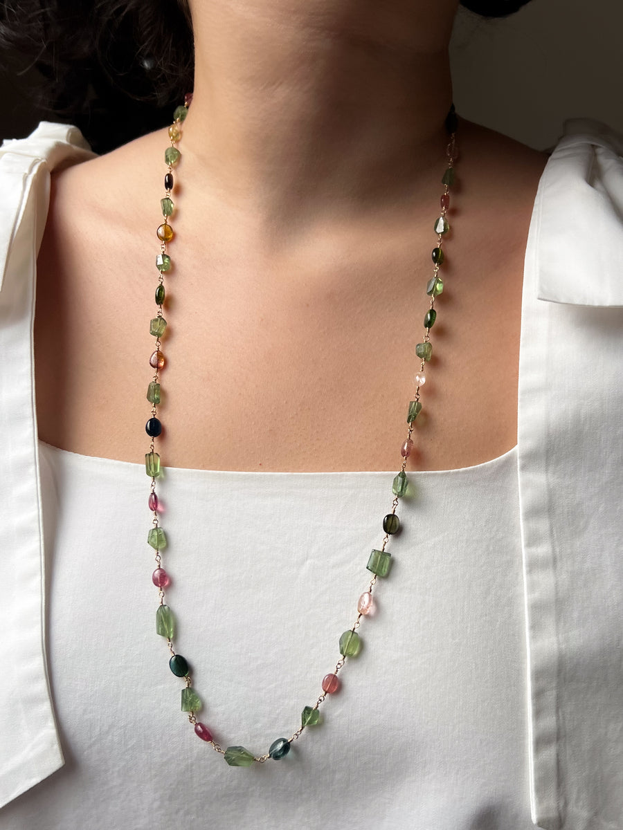 Multi-Color Tourmaline and Green Apatite AAA Grade Necklace, Wire Wrapped Boho Jewelry, 34"