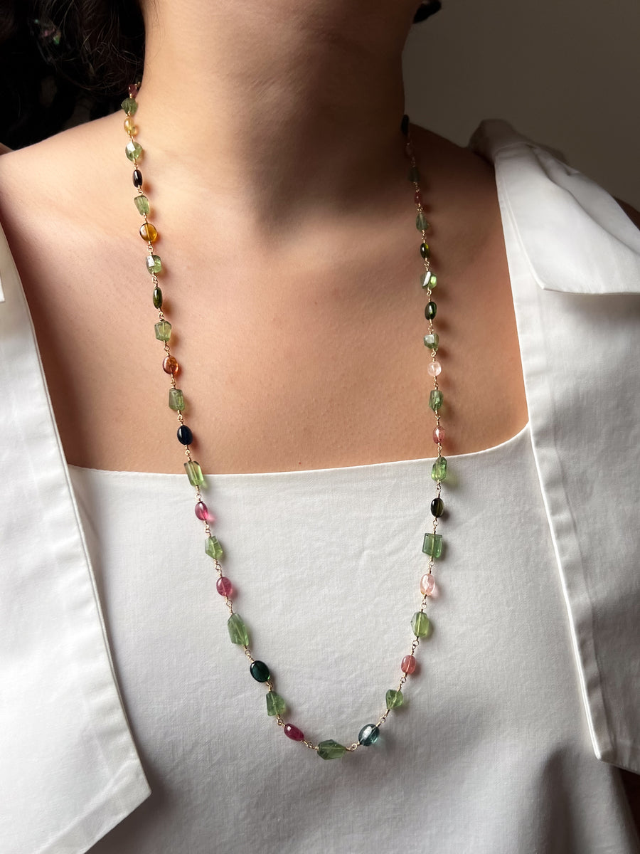 Multi-Color Tourmaline and Green Apatite AAA Grade Necklace, Wire Wrapped Boho Jewelry, 34"
