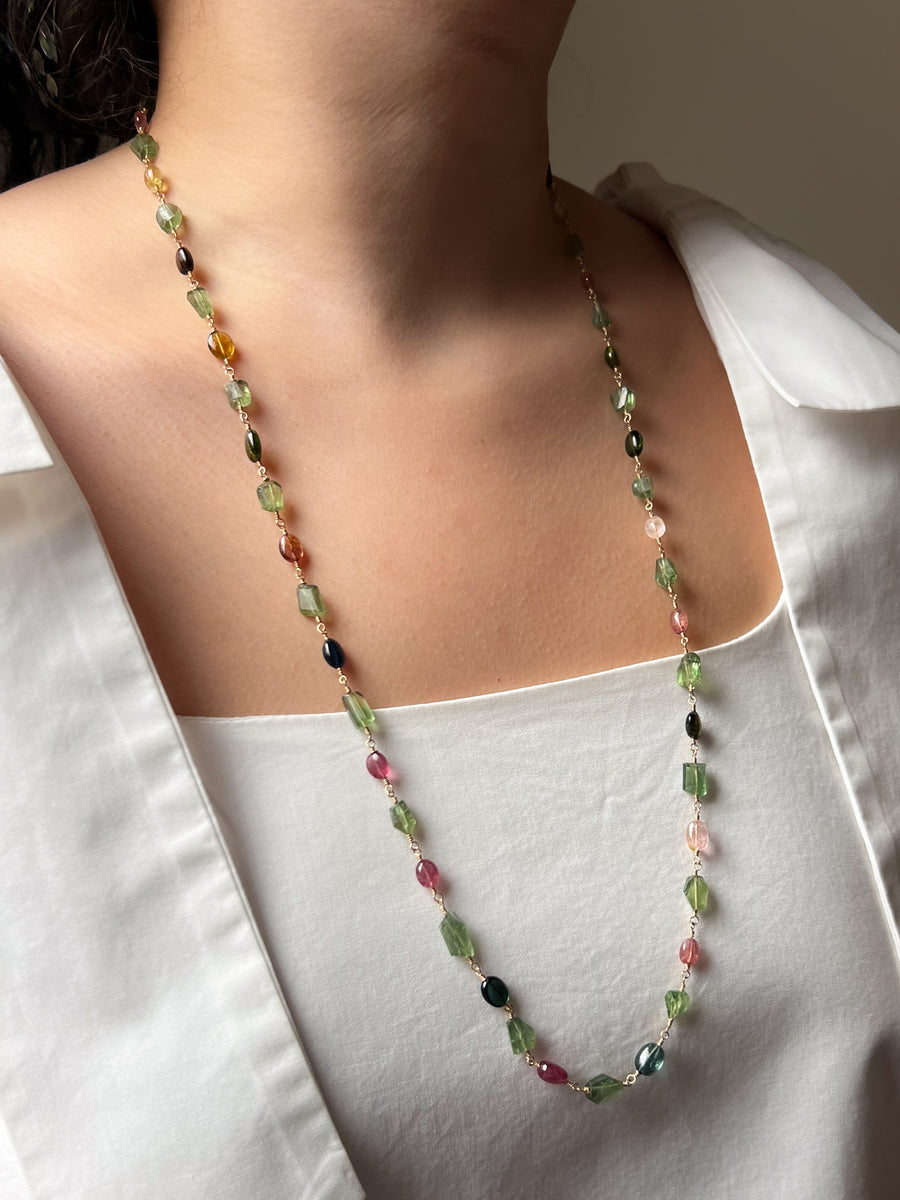 Multi-Color Tourmaline and Green Apatite AAA Grade Necklace, Wire Wrapped Boho Jewelry, 34"