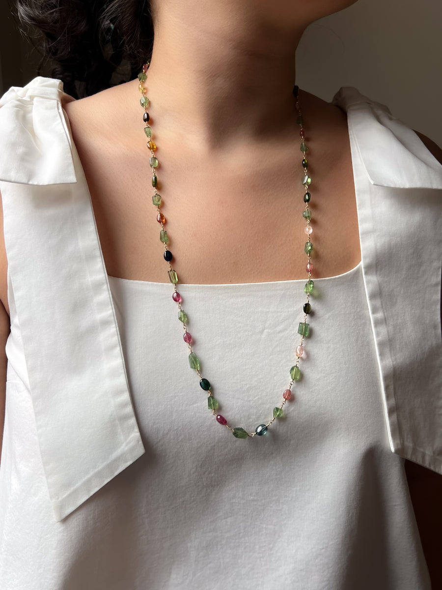 Multi-Color Tourmaline and Green Apatite AAA Grade Necklace, Wire Wrapped Boho Jewelry, 34"