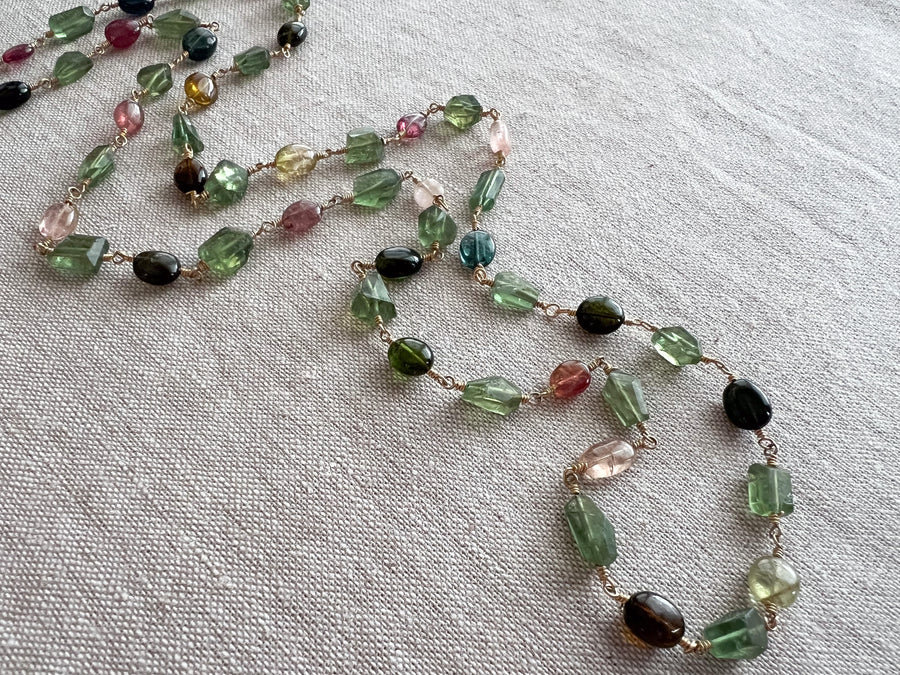 Multi-Color Tourmaline and Green Apatite AAA Grade Necklace, Wire Wrapped Boho Jewelry, 34"