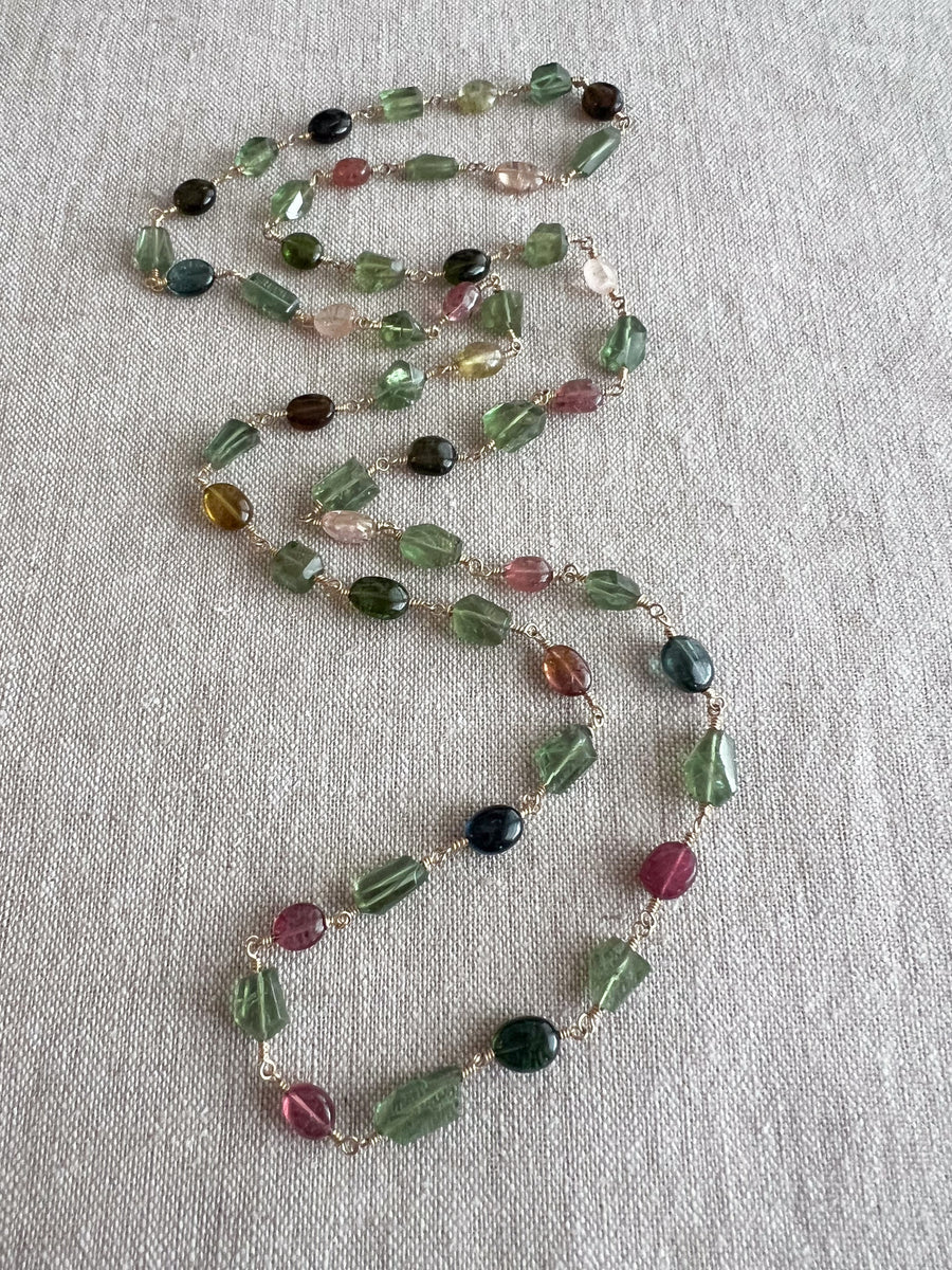 Multi-Color Tourmaline and Green Apatite AAA Grade Necklace, Wire Wrapped Boho Jewelry, 34"