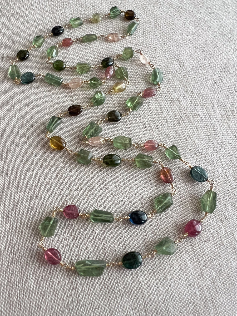 Multi-Color Tourmaline and Green Apatite AAA Grade Necklace, Wire Wrapped Boho Jewelry, 34"