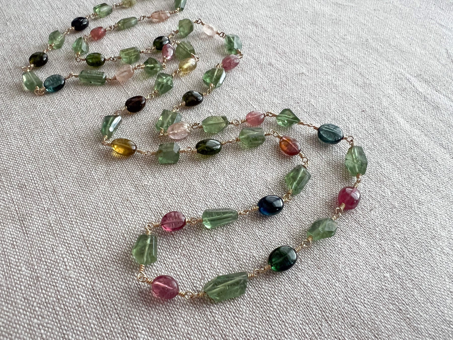 Multi-Color Tourmaline and Green Apatite AAA Grade Necklace, Wire Wrapped Boho Jewelry, 34"