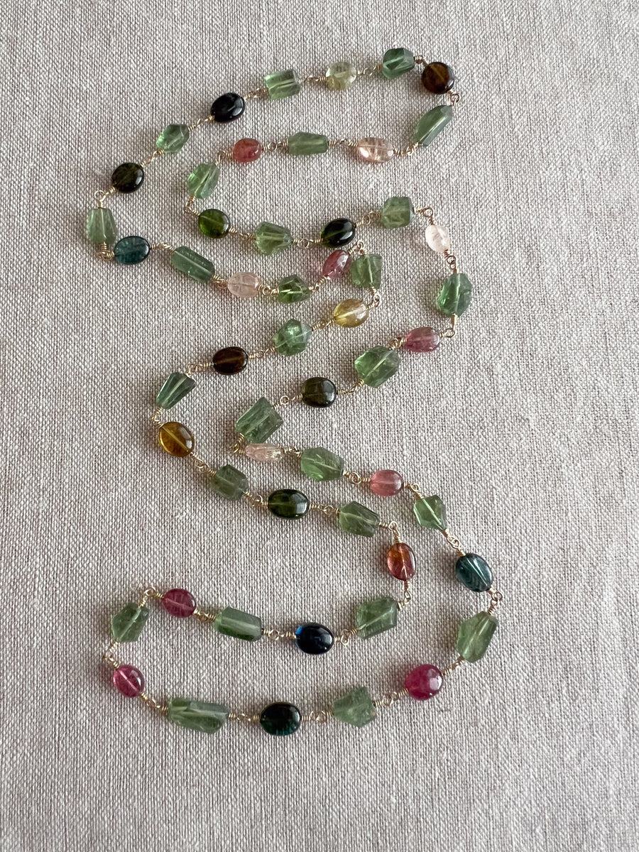 Multi-Color Tourmaline and Green Apatite AAA Grade Necklace, Wire Wrapped Boho Jewelry, 34"