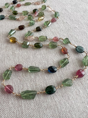 Multi-Color Tourmaline and Green Apatite AAA Grade Necklace, Wire Wrapped Boho Jewelry, 34"