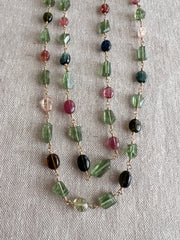 Multi-Color Tourmaline and Green Apatite AAA Grade Necklace, Wire Wrapped Boho Jewelry, 34"